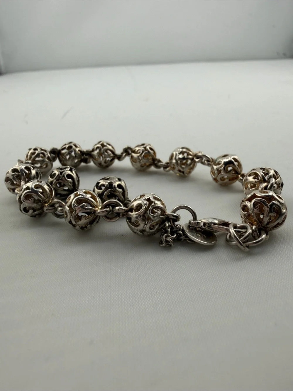 Vintage 925 Sterling Silver Filigree Bead Adjustable Bracelet Tassel Dangle